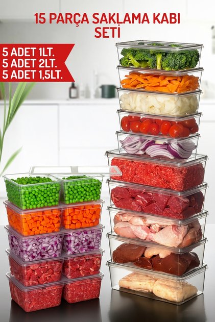 15 Piece Storage Container Set - 1Lt, 2Lt and 1.5Lt. Storage Container Set - Suitable for Freezer Use