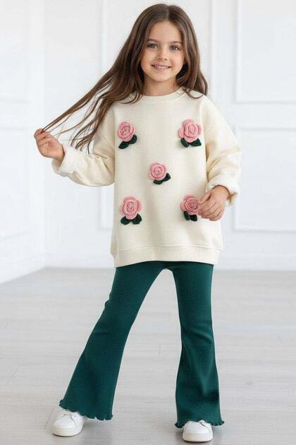 Girl's 3-Thread Cream Sweater with Rose Figures, Loose-Fitting Scuba Fabric, Top and Bottom Set