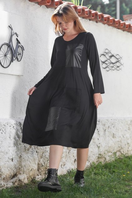 Black Pool Collar Long Sleeve Mesh Detailed Leather Paneled Casual Woven Dress 115 60