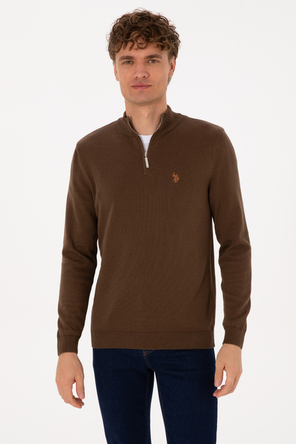 Men's Slim Fit Half Zip Brown Basic Sweater 50313695-Vr029
