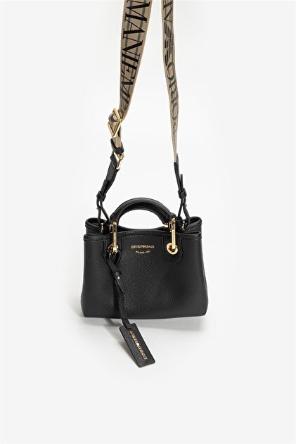 Women's Strap Ea Text Patterned Wide Use Metal Detailed Hand Holding Section Black Shoulder Bag Ew 000382