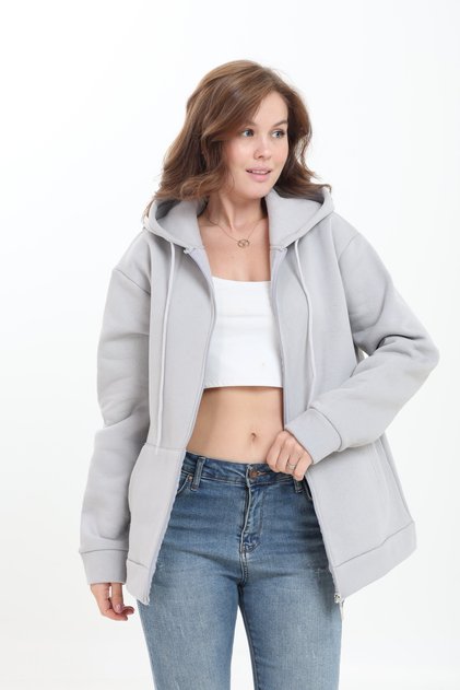 Thick-Textured Puffy 3-Yarn Kangaroo Pocket Hooded Zip-Up Fleece-Lined Women's Sweatshirt Cardigan