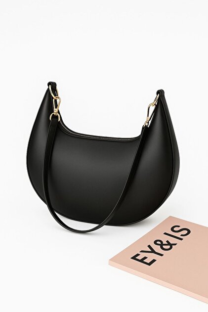 Half Moon Shoulder Bag Black Minimalist with Gold Detail