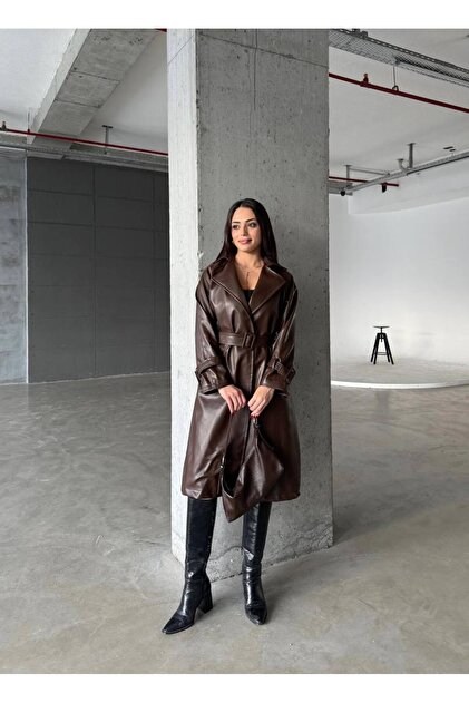 candybia Women's Belted Brown Leather Trench Coat - Price, Reviews