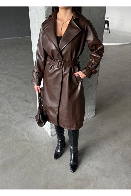 candybia Women's Belted Brown Leather Trench Coat - Trendyol