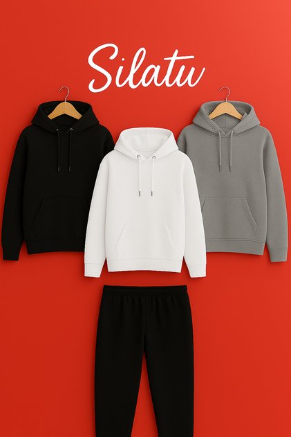 4-Piece Hooded (Sweat Black-White-Grey) Tracksuit Black