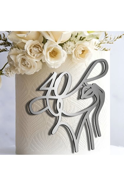 Cake topper Minimalist Aniversare 40 Ani Lady Face, Oglinda Acrilica Argintiu