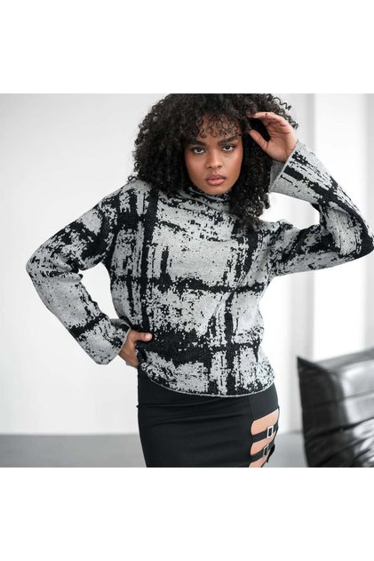 Collarless Jacquard Knitwear Gray Colored Long Sleeve Sweater