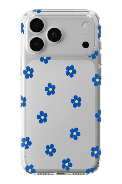 iPhone 17 Pro Max Compatible Blue Floral Pattern Transparent Phone Case