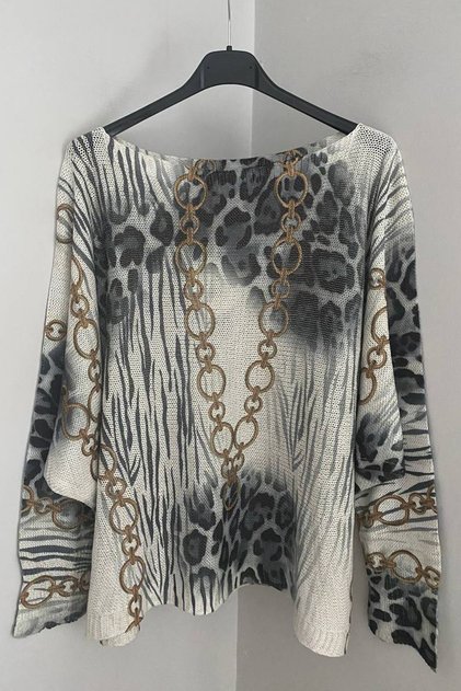Women's Italian Anthracite Glitter Leopard Chain Pattern Batwing Sleeve Mercerized Blouse Sweater