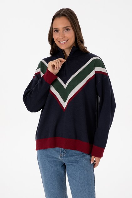 Women's Navy Blue V-Neck Zippered Sweater 50309614-Vr033