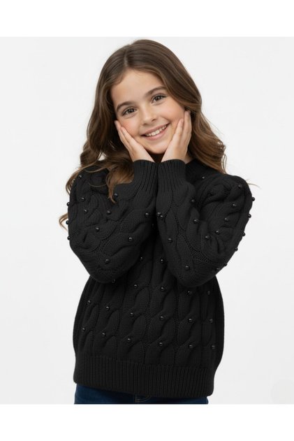 Girls' Pearl Embroidered Thick Knitted Sweater 10-11-12-13-14-15 Years Old Winter Knitwear Sweater / Balloon Sleeve