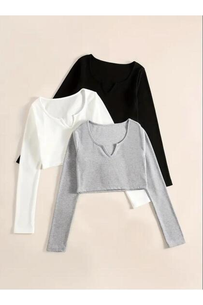 Women's 3-Pack Cotton Body-Hugging Corded Fabric Fabric V-Neck Long Sleeve Crop Blouse