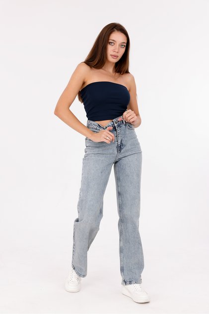 Blue Snow Washing Women's High Waist Tube Leg Jeans