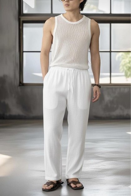 Men's White Linen Muslin Blend Wide Leg Trousers