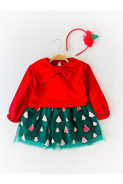 Girl's Big Bow Detailed Christmas Themed Red Dress and Crown Set