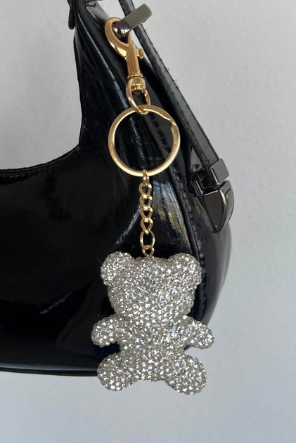 Silver Color Stone Detailed Bag Charm/Keychain with Gold Color Teddy Bear Figure