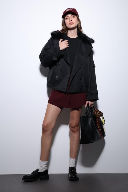 Black Faux Fur Short Women's Trench Coat