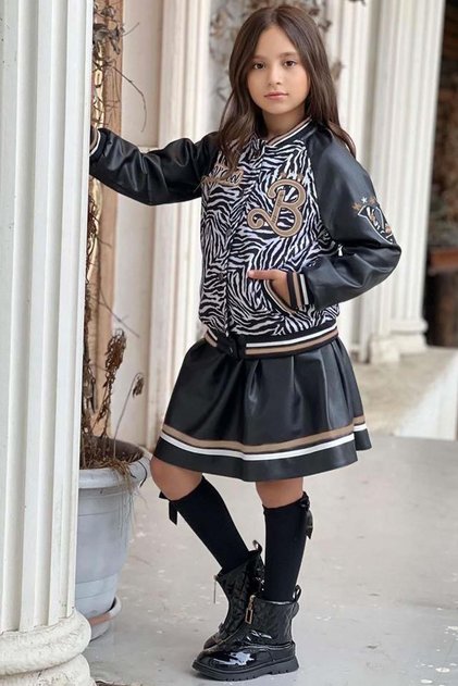 Girl's V Cool Writing Printed Sweatshirt Zebra and Gold Striped Detail Leather Jacket with Skirt Set