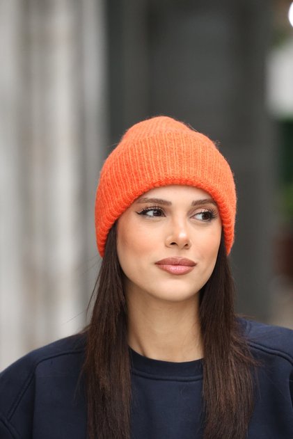 Women's Orange Ribbed Knitted Winter Beanie - Soft Textured