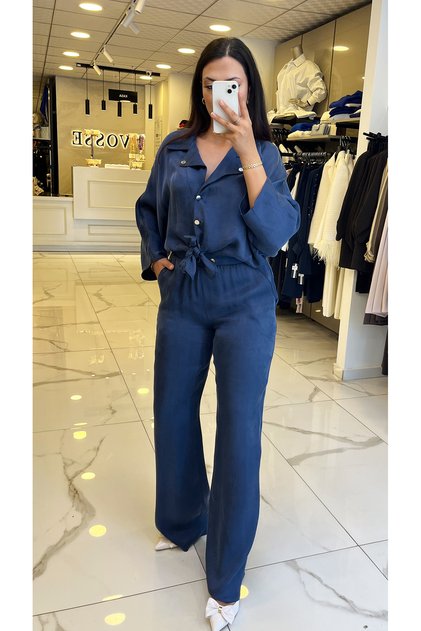 Moda İlgi İndigo Mono Yakalı Önden Bağlama Detaylı Takım