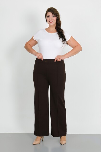 Women's Brown Flexible Waist Buttoned Wide Leg Stretch Fabric Pants