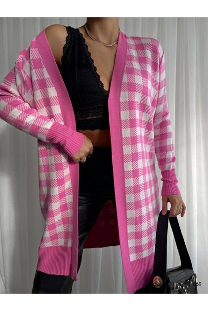 New Season Plaid Patterned Double Color Knitwear Women's Long Cardigan 069