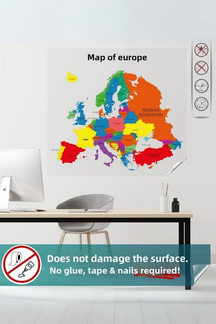 Europe Map, Non-Marking, Non-Adhesive Self-Retaining, Practical, Static Smart Paper Map