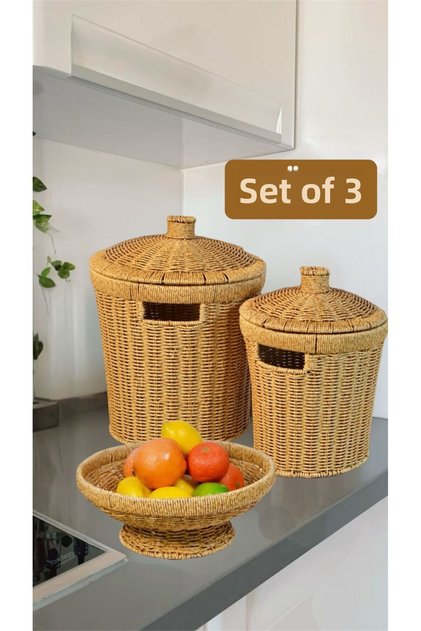 3-Piece Wicker Set with Lid, 2 Sizes Potato Onion Basket and 26 cm Fruit Bowl Presentation Rattan Crisper Decor Basket
