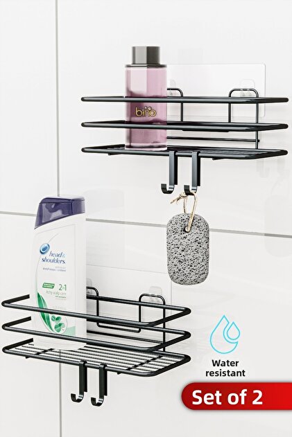 Set of 2 Bathroom Organizer Shampoo Rack Matte Black ADHESIVE 4 HANGers Shower Shelf Stainless Organizer