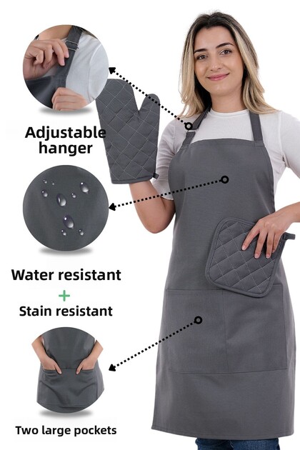 Simple Set of 3 Kitchen Apron Set with Adjustment Hanger (GLOVES, GRIPS)