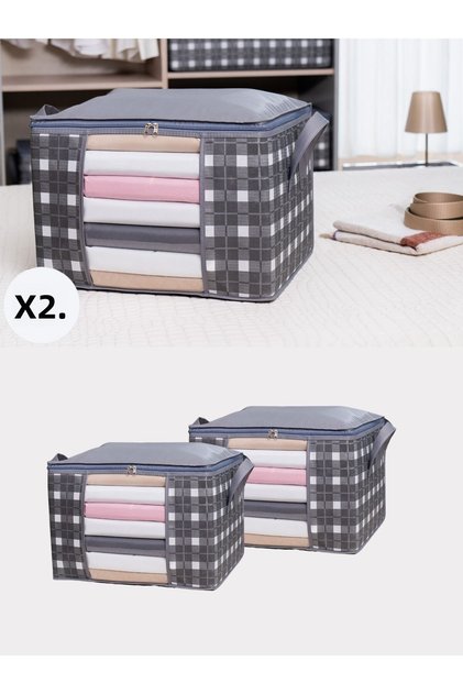 2 Pieces Medium Size Gray Square Pattern Plaid Closet Organizer with Window, Clothing Storage Set 45X40X30 cm