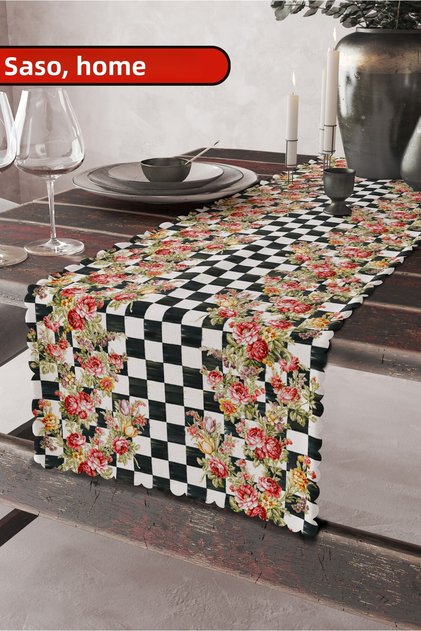 Checkered Roses Mckenzie Patterned Quality Velvet Fabric 45x140 Cm Decorative - Gift Runner