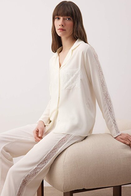 Ecru Lace Detail Viscose Woven Pajama Set, THMAW26PT00103