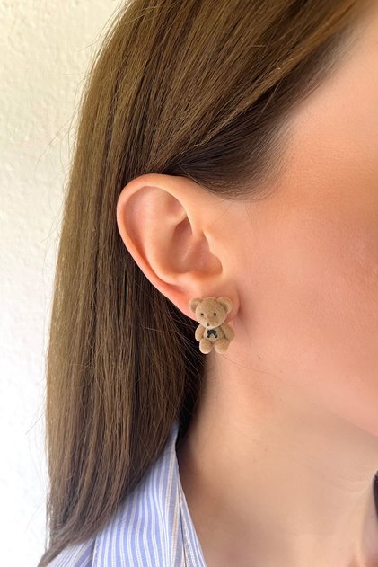 Peluş Ayıcık Detaylı Bej Küpe