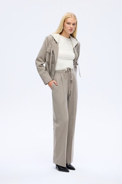 Double Waist Detailed Lace-Up Wide-Leg Trousers Gray