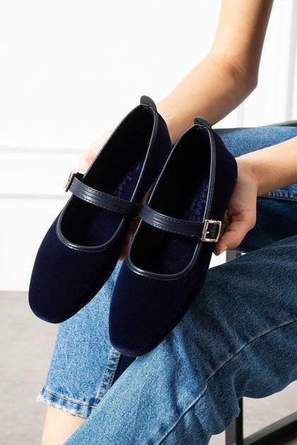 Bellina navy blue strappy gold buckle velvet textured elegant lightweight home ballet flat