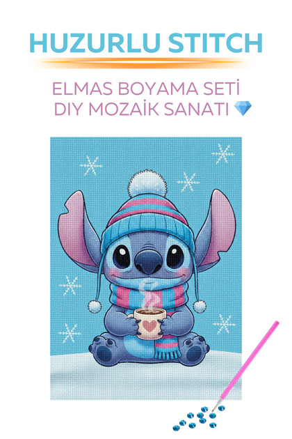 Kar Taneleri Altında Huzurlu Stitch Figür Elmas Boyama Seti|DIY Mozaik - Diamond Painting/Çerçevesiz