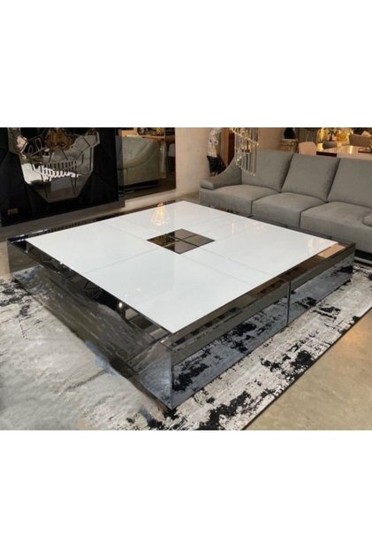Luxury Füme Aynalı Beyaz Camlı Tekerlekli Orta Sehpa 150x150 Yükseklik 32cm