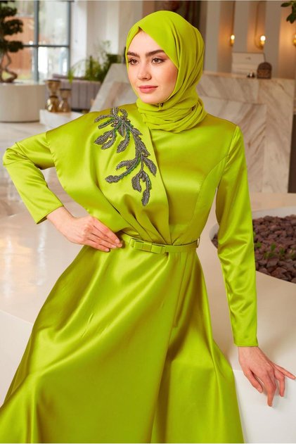 SHOULDER EMBROIDERED BELTED SATIN EVENING DRESS 50300