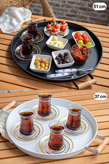 kitchen trend 2 Li Ahşap Kulplu 51 Cm Metal Tepsi Ve 37 Cm Beyaz