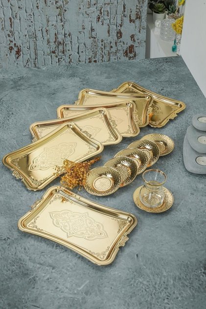 25 cm 6’lı Kahve Sunum Tepsi Seti – Altın Renk Paslanmaz Metal Kişilik İkram Tepsileri, Şık Servis