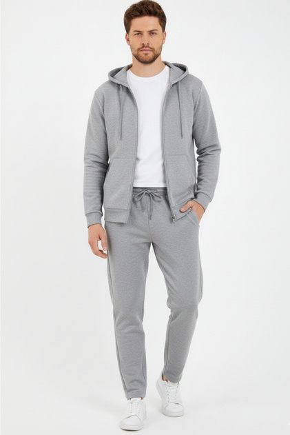 Gray Hooded Regular Fit Cardigan Straight Leg Men's Tracksuit Set