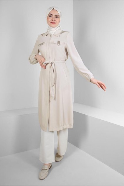 STAPLE DETAILED REMOVABLE HOODED TRENCH COAT 10745