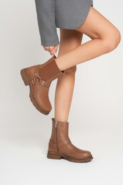 Women's Genuine Leather Boots with Metal Accessories - Walnut