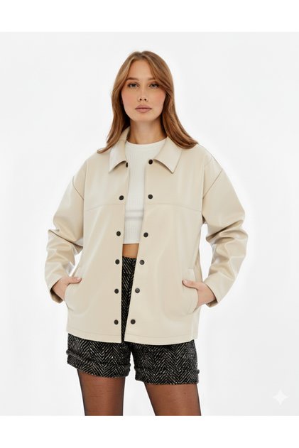 Women's Casual Leather Jacket Blazer Shirt Collar – Double Pockets Fashion Style Beige