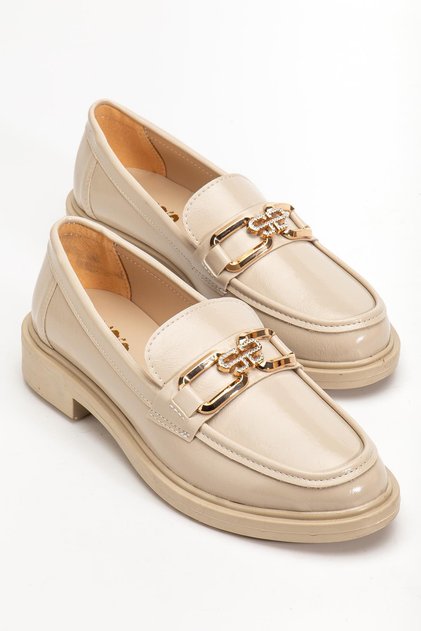 Beige Women's Loafer Casual Shoes Wrinkled Patent Leather with Buckle