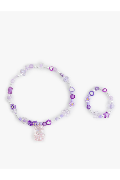 Beaded Teddy Bear Detailed Necklace Bracelet Set