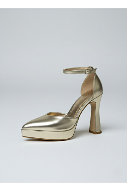 sanbara Gold Metallic Ankle Strap Platform Chunky Heel Stiletto Evening Dress  Shoes 11.5cm- Trendyol