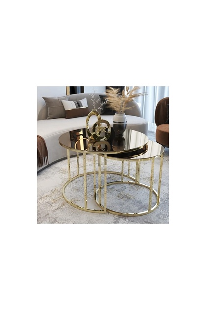 TUBİHOME YAVRULU ORTA SEHPA, GOLD AYAK, BRONZ CAM